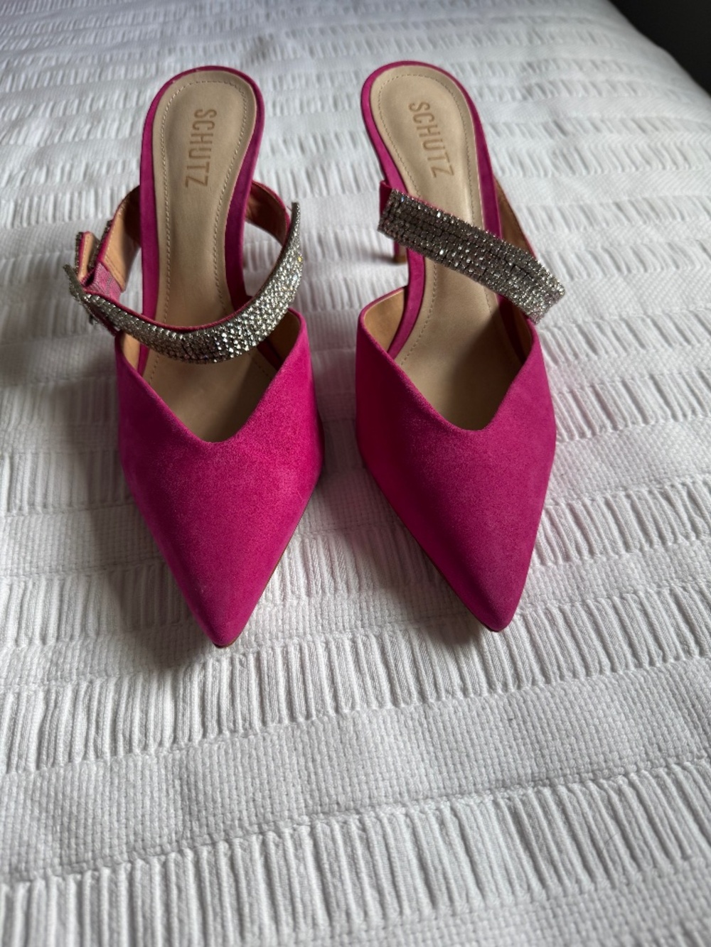 SCHUTZ Hot Pink Rhinestone Strap Pointed Toe Heels Mules